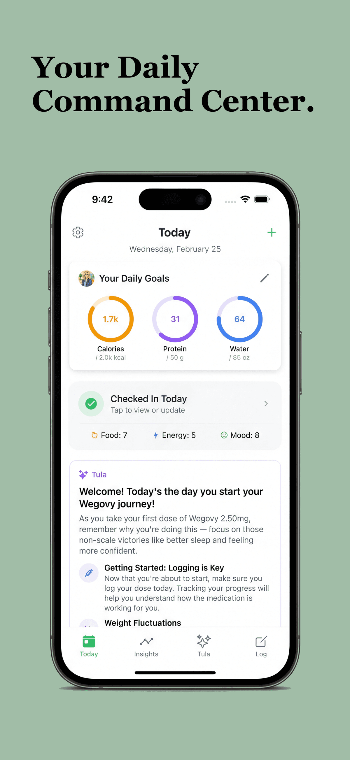 GLP Compass Daily Command Center - Today screen with AI-personalized goals